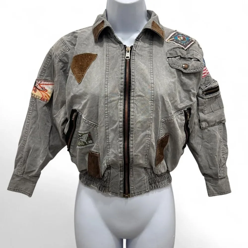 Vintage 90s Peter Kolmar Aviator Patch Bomber Jacket Size 10 Kids Retro
